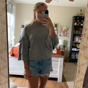 Poof Gray 3/4 Ruffle Sleeve Sweater